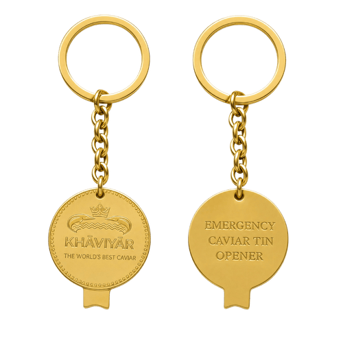 Complimentary bespoke caviar tin opener keychain
