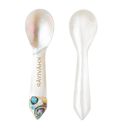 Complimentary abalone-engraved mother-of-pearl caviar spoon