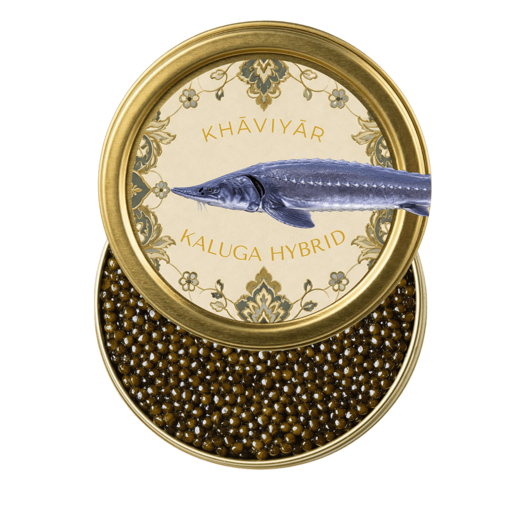 Open tin of KHAVIYAR Royal-Grade Kaluga Hybrid caviar showing large glossy pearls