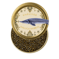 Open tin of KHAVIYAR Royal-Grade Kaluga Hybrid caviar showing large glossy pearls