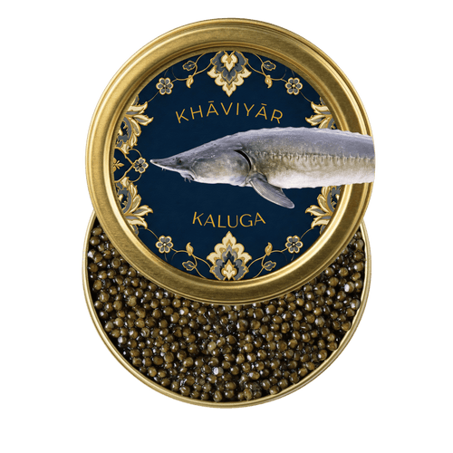 Open tin of KHAVIYAR Royal-Grade Kaluga caviar showing large glossy pearls