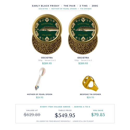 Early Black Friday Caviar Table, the Pair: two Royal Oscietra 100g tins with the mother of pearl spoon and the bespoke tin opener, valued at $629.80